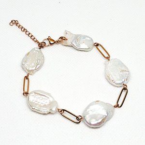 White coin pearl paperclip style bracelet in Rose Gold plated stainless steel